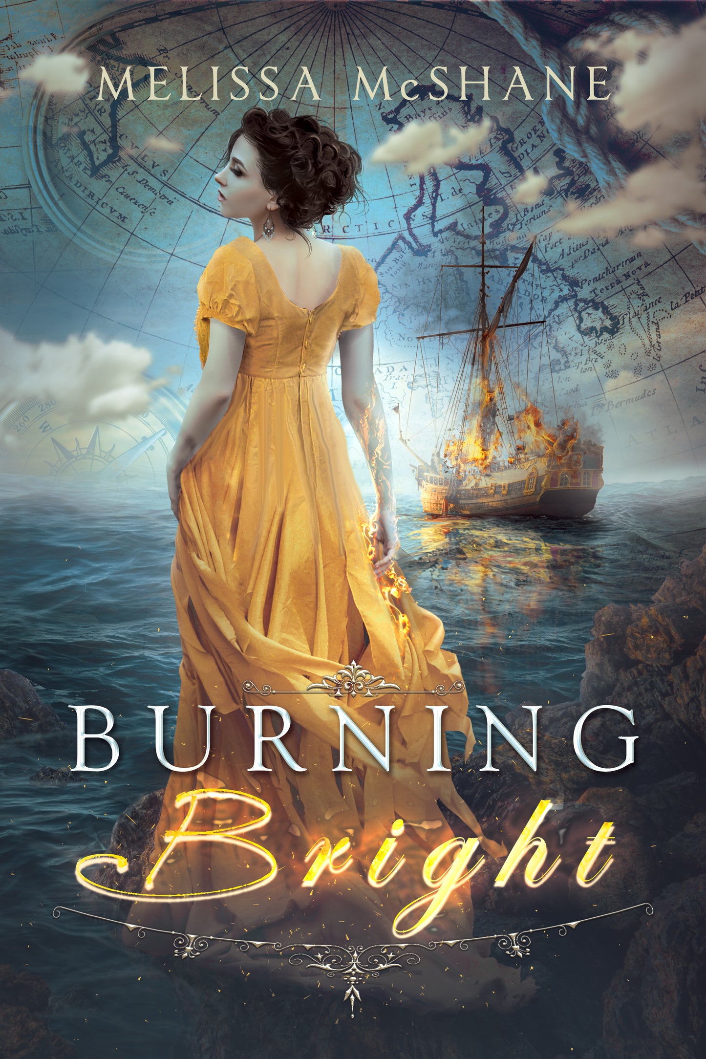 The cover of the book 'Burning Bright' featuring a woman in a yellow dress by the sea with a ship in the background, indicating a historical setting.