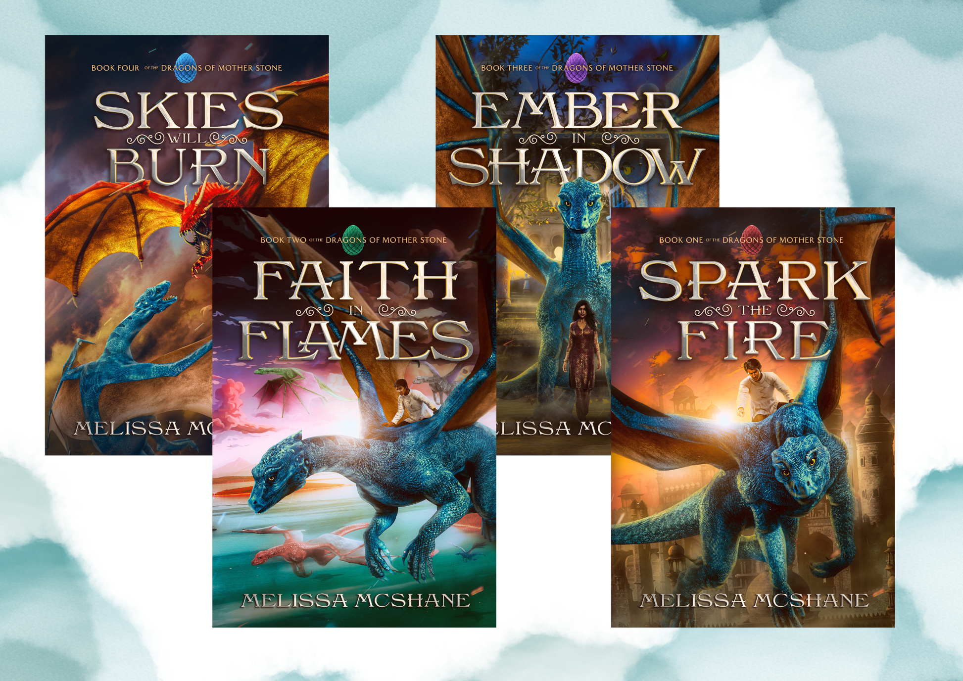 Four book covers featuring dragons with a background of light blue clouds.