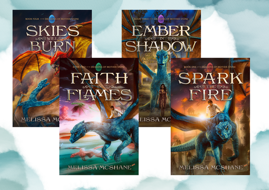 Four book covers featuring dragons with a background of light blue clouds.